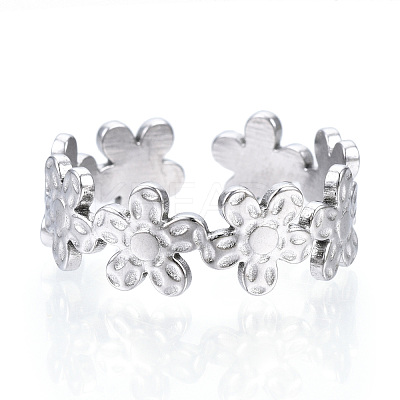 Non-Tarnish 304 Stainless Steel Flower Open Cuff Ring for Women RJEW-N040-33-1