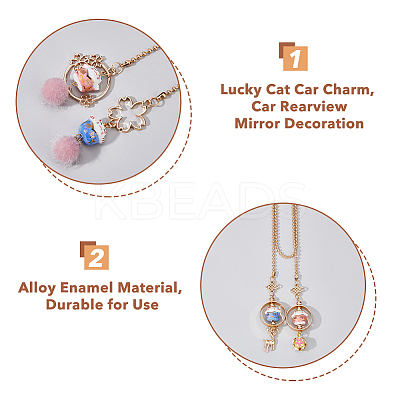 2Pcs 2 Style Lucky Cat Car Charm Porcelain Figurine Hanging Pendant Decorations HJEW-DC0001-05-1