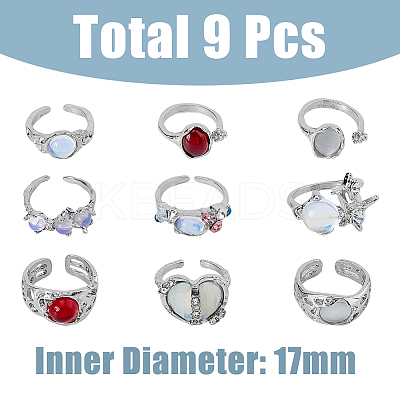 9Pcs 9 Style Cat Eye & Cubic Zirconia Open Cuff Rings Set RJEW-FI0001-12-1