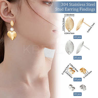 40Pcs 2 Colors 304 Stainless Steel Stud Earring Findings STAS-BBC0002-06-1