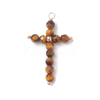 Natural Tiger Eye Faceted Round Copper Wire Wrapped Pendants PALLOY-JF02011-04-1