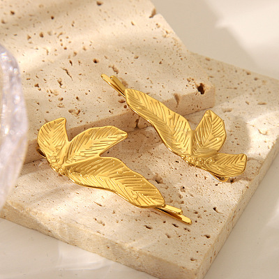 Fashionable 304 Stainless Steel Leaf Stud Earrings & Hair Bobby Pin Set for Women SH3836-1-1
