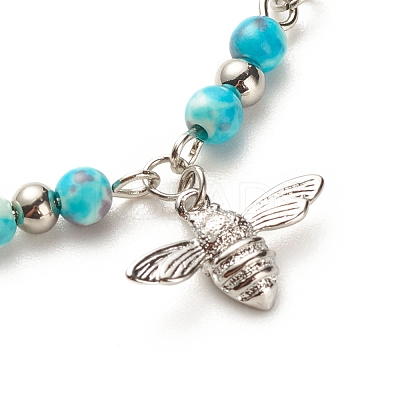 304 Stainless Steel Bees Charm Anklet with Round Natural White Jade Beads for Women AJEW-AN00498-02-1