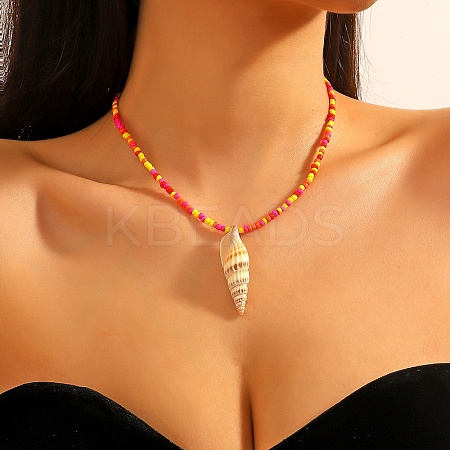 Summer Beach Natural Shell Pendant Glass Seed Beaded Necklaces for Women FS-WGEF253-09-1