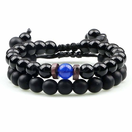 Ethnic Style Frosted Round Natural Obsidian & Natural Agate Braided Beaded Bracelets Sets for Women Men WD6221-3-1