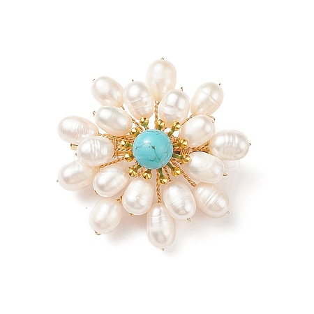 Synthetic Green Turquoise & Natural Pearl Braided Bead Flower Lapel Pin JEWB-TA00006-01-1
