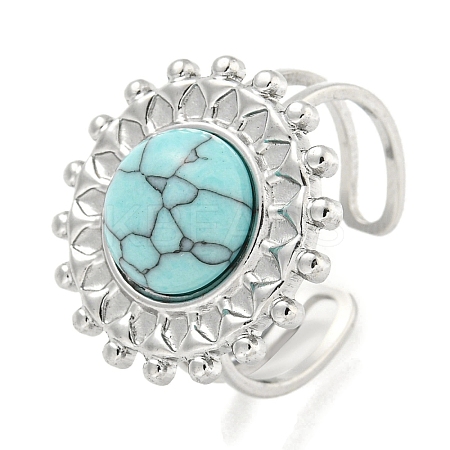 304 Stainless Steel Synthetic Turquoise Cuff Rings G-Z056-08P-04-1
