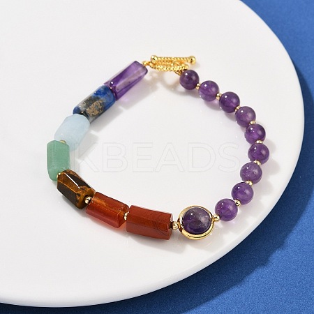 Natural Amethyst & Natural Mixed Stone & Brass Round & Prism Beaded Bracelets for Women BJEW-G752-01G-02-1
