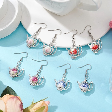 304 Stainless Steel Handmade Flower Printed Porcelain Ceramic Beads Dangle Earrings EJEW-JE06288-1