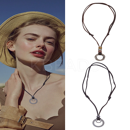 2Pcs 2 Styles Alloy Double Ring Pendant Necklaces NJEW-LP0001-63-1