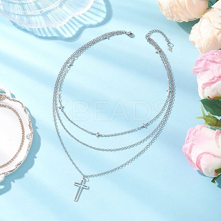 304 Stainless Steel Religion Cross Pendant 3 Layer Necklaces for Women NJEW-JN05480-1