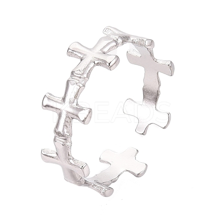 Non-Tarnish 304 Stainless Steel Cross Open Cuff Ring for Women RJEW-K245-26P-1