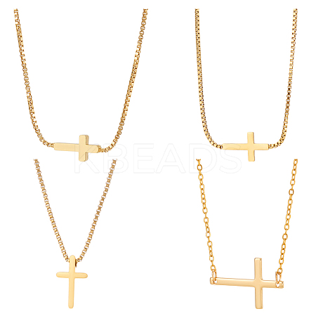 4Pcs 4 Styles Brass & 304 Stainless Steel Sideways Cross Box Chain Necklaces for Women NJEW-UN0001-67-1