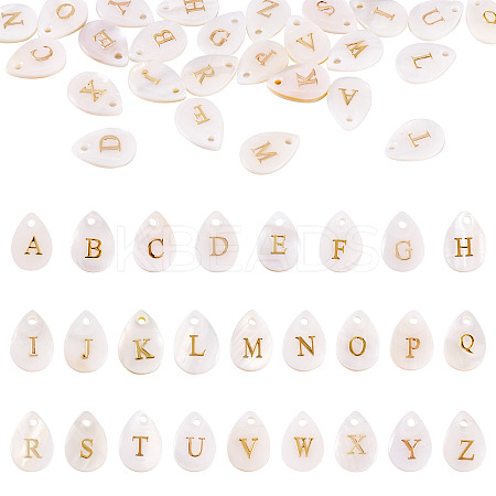 26Pcs 26 Styles Natural Shell Teardrop Charms with Golden Tone Metal Letter Slices SHEL-TAC0004-02-1