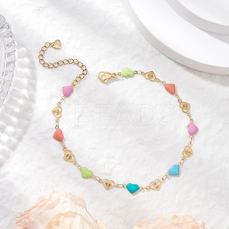 304 Stainless Steel Enamel Colorful Heart Link Anklets AJEW-AN00642-1