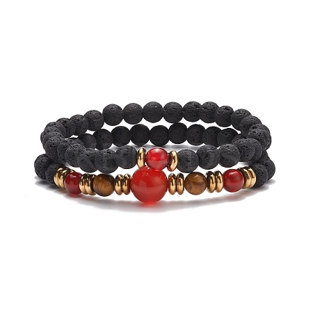 2Pcs 2 Style Synthetic Lava Rock & Natural Red Agate Carnelian(Dyed & Heated) & Tiger Eye Beaded Stretch Bracelets Set BJEW-JB08698-1