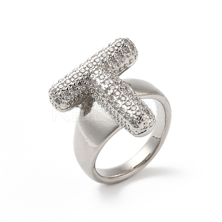 Letter Brass Micro Pave Clear Cubic Zirconia Open Cuff Ring for Women RJEW-N046-03T-P-1