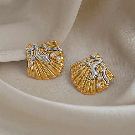 Two Tone 304 Stainless Steel Shell Pearl Stud Earrings for Women IE0729-1