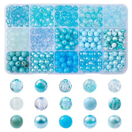 375Pcs 15 Style Blue Theme Transparent Crackle & Opaque Acrylic Beads OACR-YW0001-66-1