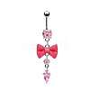 304 Stainless Steel Pave Cubic Zirconia with Cloth Bowknot Teardrop Dangle Belly Rings FS-WG03D58-04-1