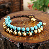 Bohemian Style Synthetic Turquoise Round Beaded & Brass Bell Charm & Wax Cord Braided Bead Bracelets FS-WGC2A27-02-1