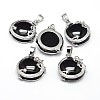 Flat Round with Dragon Platinum Plated Brass Natural Dyed & Heated Black Agate Pendants G-F228-24K-RS-1