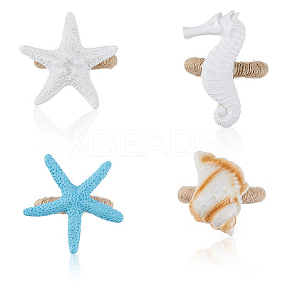 4Pcs 4 Styles Resin Conch Shell Starfish Sea Horse & Jute Rope Napkin Rings AJEW-GF0011-12-1