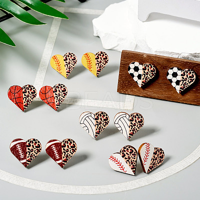 6 Pairs 6 Styles Sport Theme Wood Heart Stud Earrings EJEW-TA0001-33-1