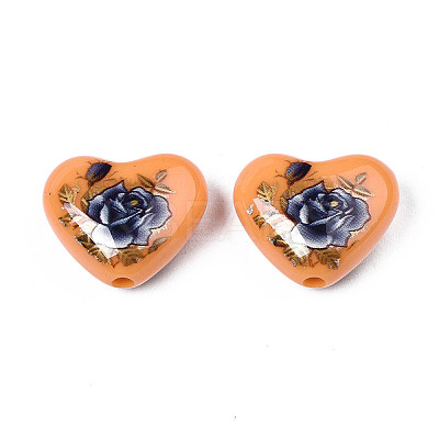Flower Printed Opaque Acrylic Heart Beads SACR-S305-28-J01-1