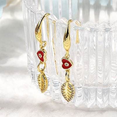 Leaf with Heart Brass Micro Pave Clear Cubic Zirconia Dangle Earrings EJEW-C155-01G-1