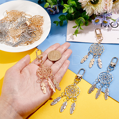 12Pcs 2 Colors Alloy Woven Web/Net with Feather Pendant Decoration HJEW-NB0001-71-1