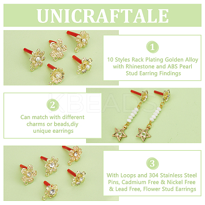 20Pcs 10 Styles Rack Plating Golden Alloy with Rhinestone and ABS Pearl Stud Earring Findings EJEW-UN0002-38-1