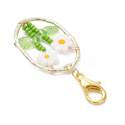 Oval with Flower Glass Seed Bead & Lampwork & Alloy Pendant Decoraitons HJEW-MZ00351-04-1