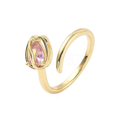 Flower Brass Micro Pave Cubic Zirconia Cuff Rings for Women RJEW-A069-05G-01-1