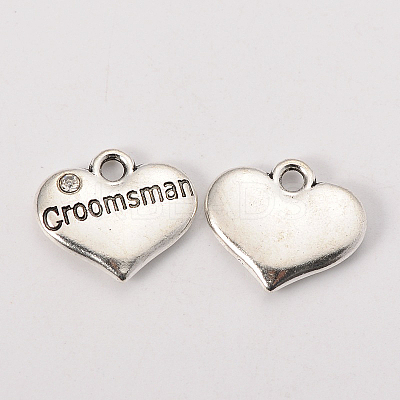 Wedding Theme Antique Silver Tone Tibetan Style Heart with Groomsman Rhinestone Charms TIBEP-N005-02C-1