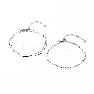 Tarnish Resistant 304 Stainless Steel Paperclip & Satellite Chains Bracelet Set BJEW-JB06524-1