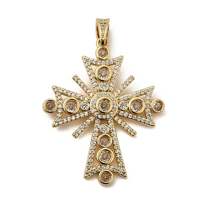 Cross Brass Micro Pave Clear Cubic Zirconia Pendants KK-G435-25G-1