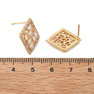 Rhombus Brass Micro Pave Clear Cubic Zirconia Stud Earrings for Women EJEW-G428-05G-1