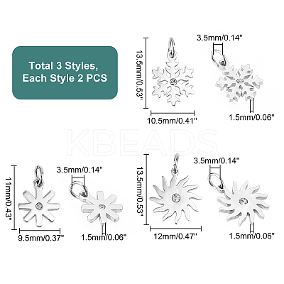 6Pcs 3 Style Eco-Friendly 316 Surgical Stainless Steel Micro Pave Clear Cubic Zirconia Charms RB-UN0001-06-1