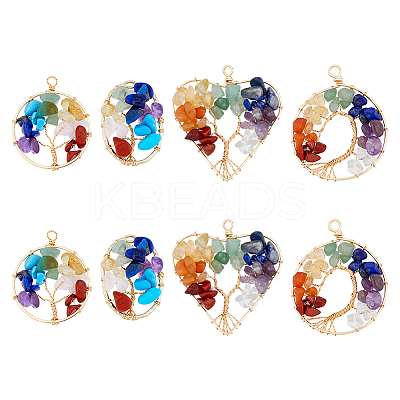 8Pcs 4 Styles 7 Chakra Gemstone Copper Wire Wrapped Chips Pendants G-HY0001-41-1