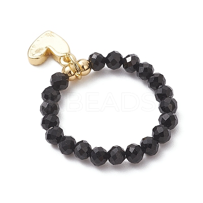 Natural Black Tourmaline & Rainbow Moonstone Beads Finger Rings RJEW-TA00229-1