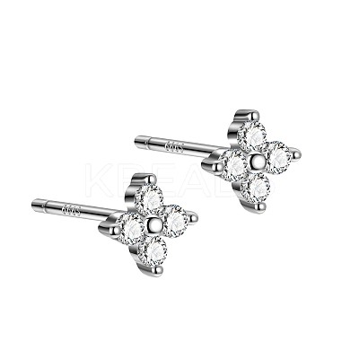Rhodium Plated Clover 999 Fine Silver Cubic Zirconia Stud Earrings for Women LS-EJEW-S215-16P-1
