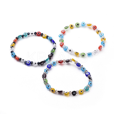 Handmade Evil Eye Lampwork Flat Round Beads Stretch Bracelets BJEW-JB05005-1
