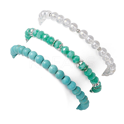 3Pcs 3 Styles Round Glass & Synthetic Turquoise Beads Stretch Bracelets Sets for Women BJEW-JB11654-1