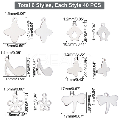 240Pcs 6 Style 304 Stainless Steel Charms STAS-DC0003-21-1