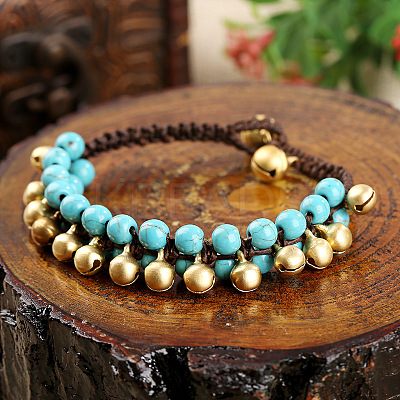 Bohemian Style Synthetic Turquoise Round Beaded & Brass Bell Charm & Wax Cord Braided Bead Bracelets FS-WGC2A27-02-1