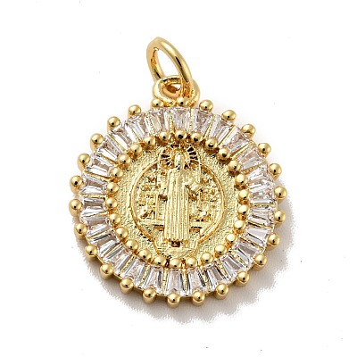 Flat Round with Saint Brass Micro Pave Clear Cubic Zirconia Pendants KK-G419-25G-1