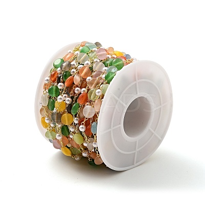 Colorful Cat Eye Flat Round & Plastic Pearl Beaded Chains CHC-G017-13G-1-1