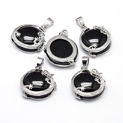 Flat Round with Dragon Platinum Plated Brass Natural Dyed & Heated Black Agate Pendants G-F228-24K-RS-1