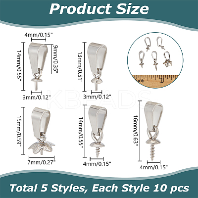 50Pcs 5 Style 201 Stainless Steel Screw Cup Pearl Peg Bails Pin Pendants DIY-AB00038-1